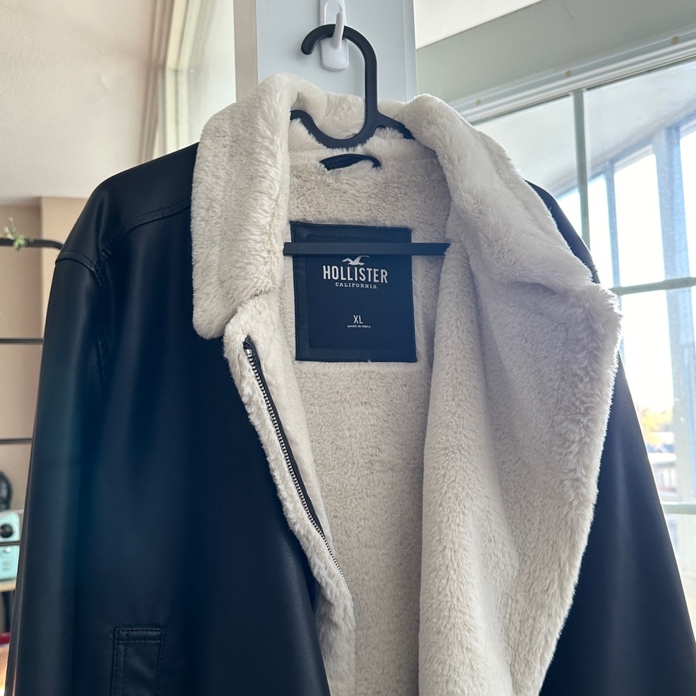 Hollister Black Leather Jacket with Cream Lining